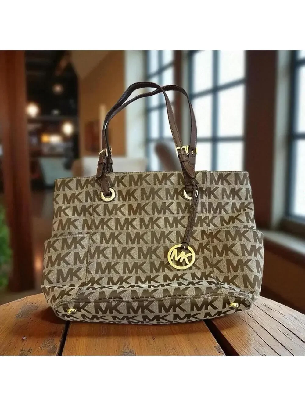 Michael Kors Tote Bag Canvas East West Jacquard Classic Business Gold Fob